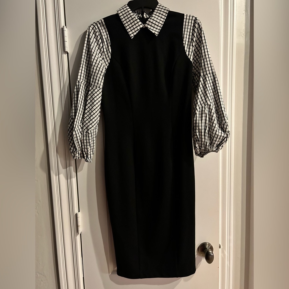 New York and Company Black W/Plaid Balloon Arms & Collar Pencil Dress Sz S NWT
